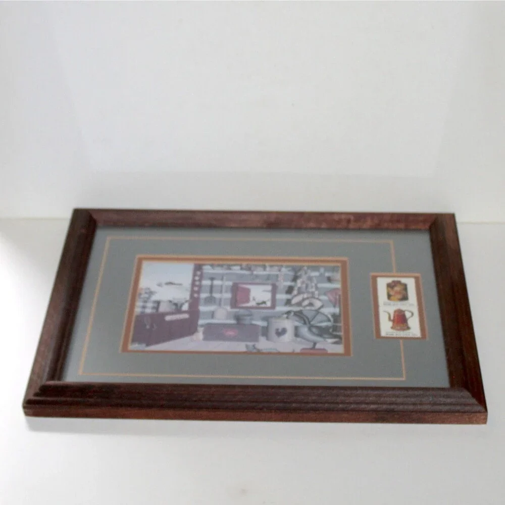 Folk Art USA USPS Stamps + Card Framed Pennsylvania Toleware decor primitive